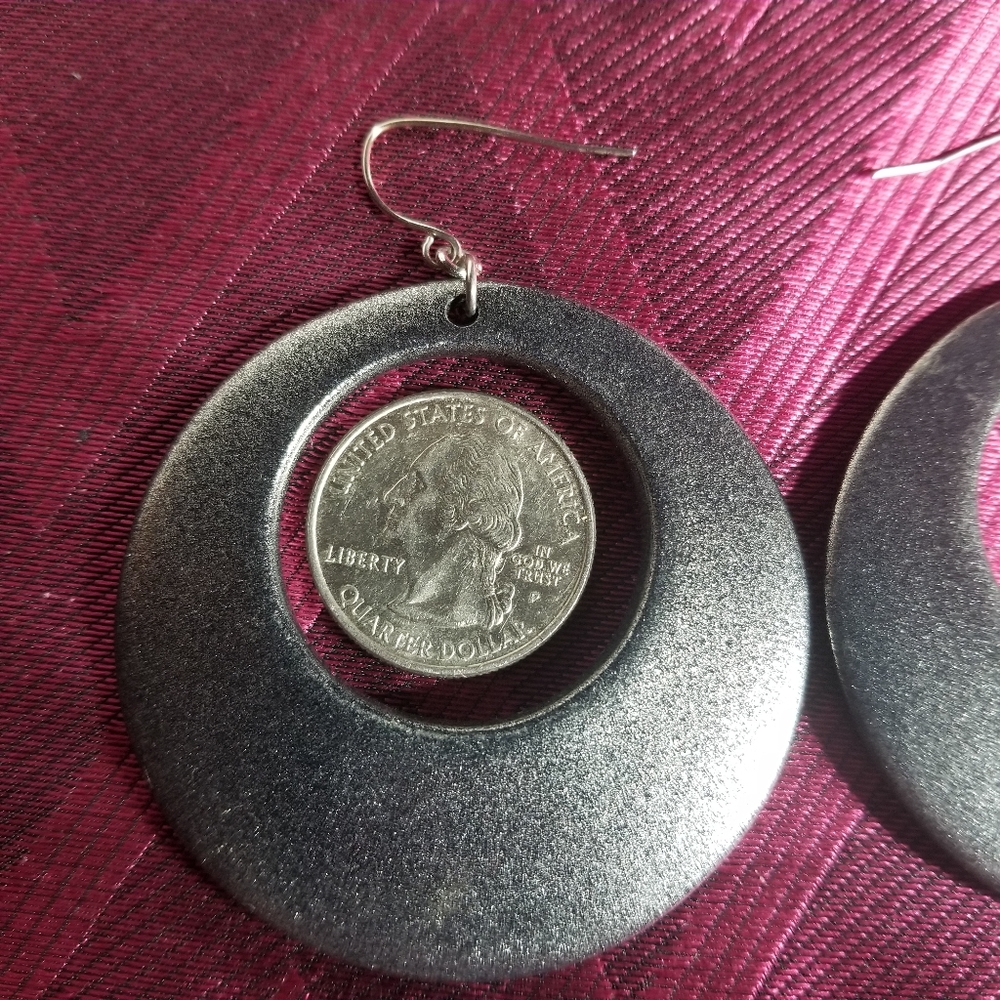 Hoop disc earrings dark silver tone hook earwires - Picture 8 of 8